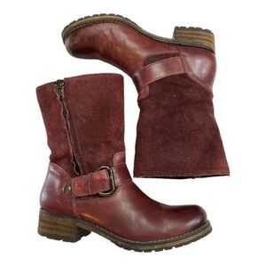 Clarks Leather Suede Boots Majorica Isle Deep Red Moto Pull On Heeled Size 9